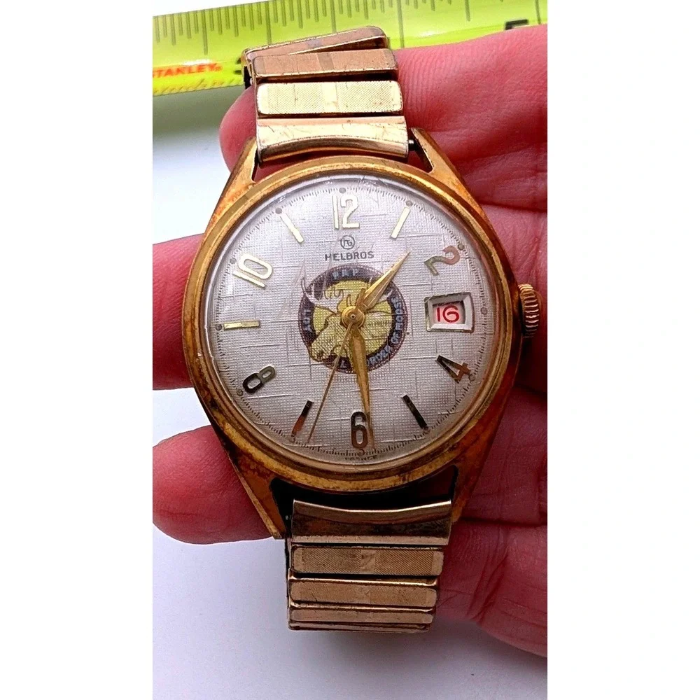 Vintage Helbros Watch Loyal Order of Moose Date Gold Tone Expansion Band France